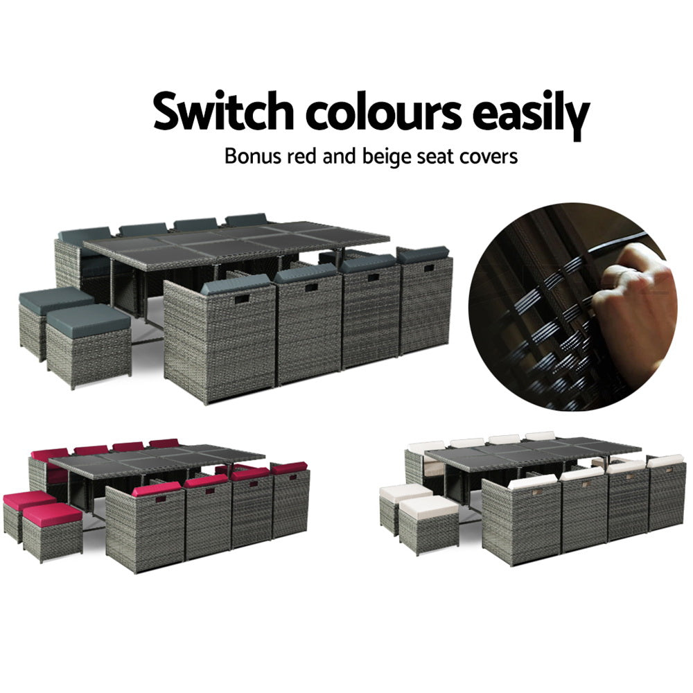 Sorrento Premium 13 Piece Outdoor Dining Set - Grey, Red & Beige Cushions