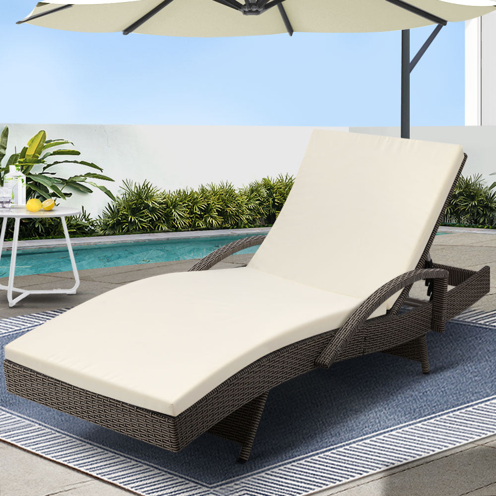 Gardeon Sun Lounge Wicker Lounger Outdoor Furniture Beach Chair Patio Adjustable Cushion Grey&Beige