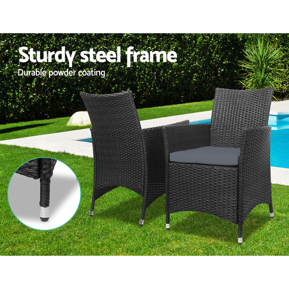 Gardeon 3PC Outdoor Bistro Set Patio Furniture Wicker Setting Chairs Table Cushion Black