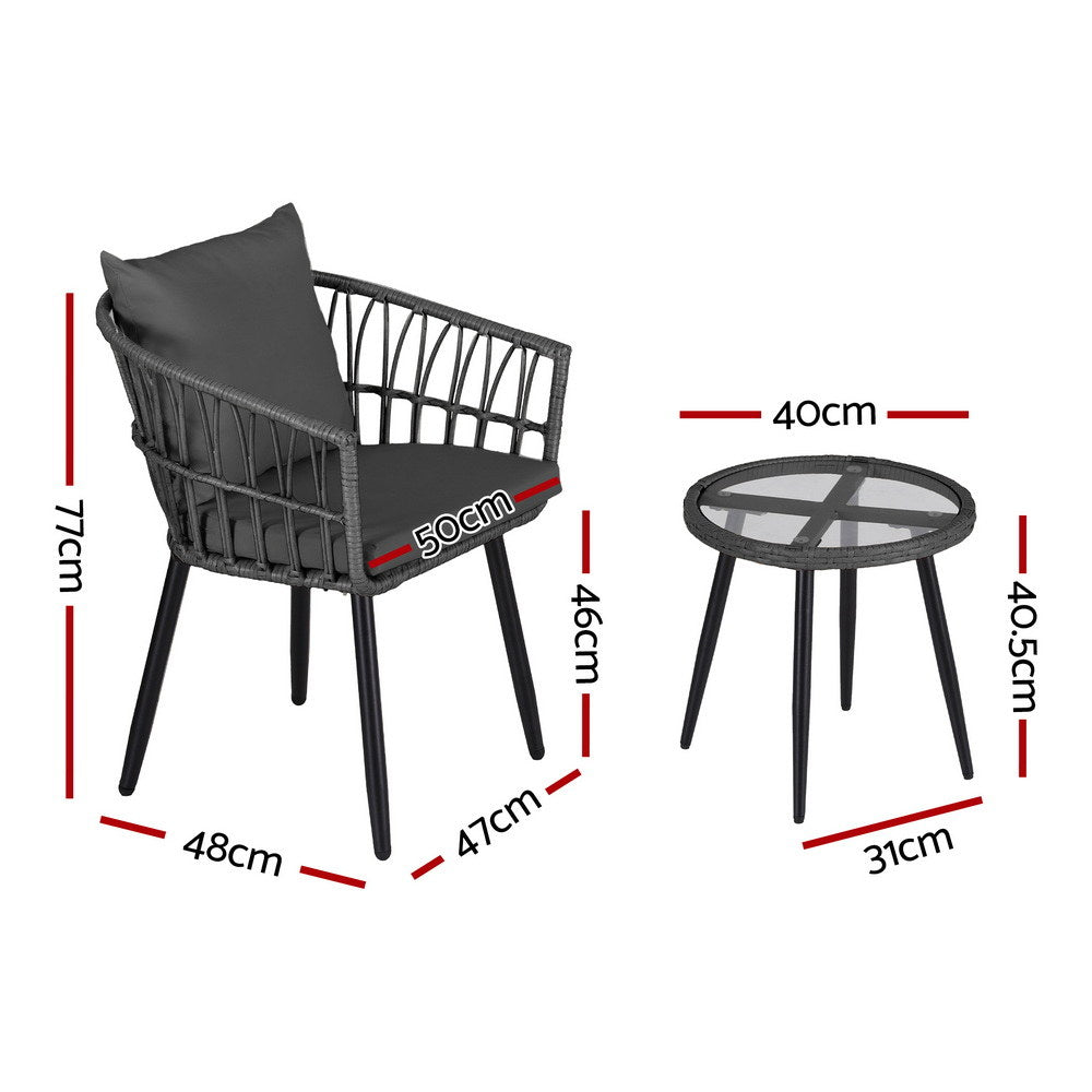 Gardeon 3PC Outdoor Bistro Set Patio Furniture Lounge Setting Table and Chairs Grey