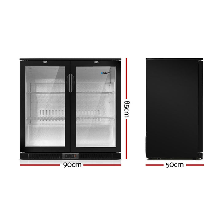 Devanti 198L Bar Fridge Dual Glass Door w/Light Black