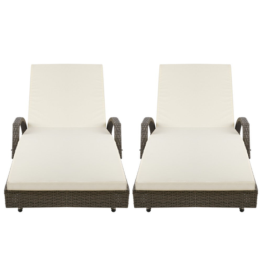 Gardeon 2PC Sun Lounge Wicker Lounger Outdoor Furniture Beach Chair Adjustable Cushion Grey&Beige