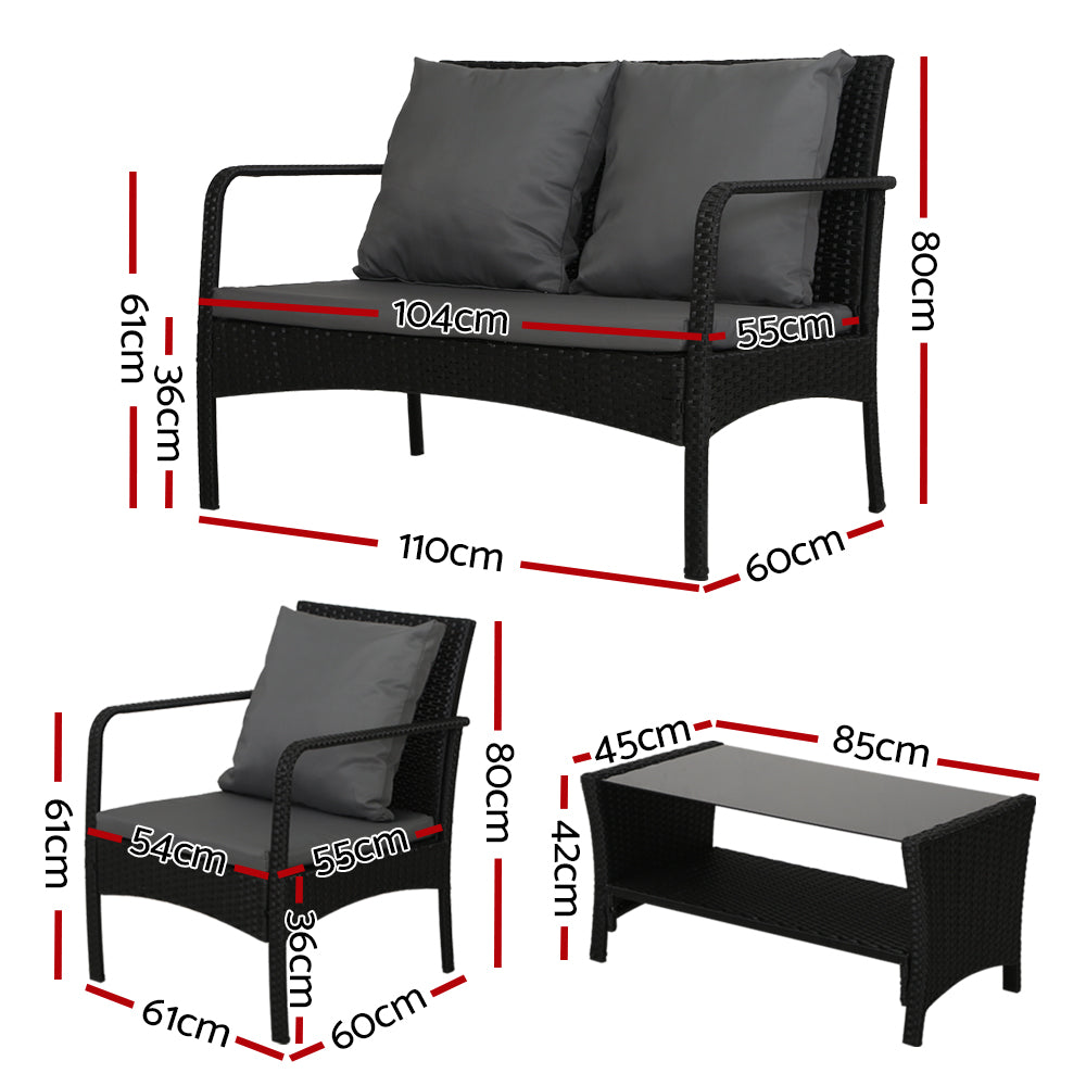 Armadale Deluxe 4 Piece Lounge Sofa Set with Table - Black