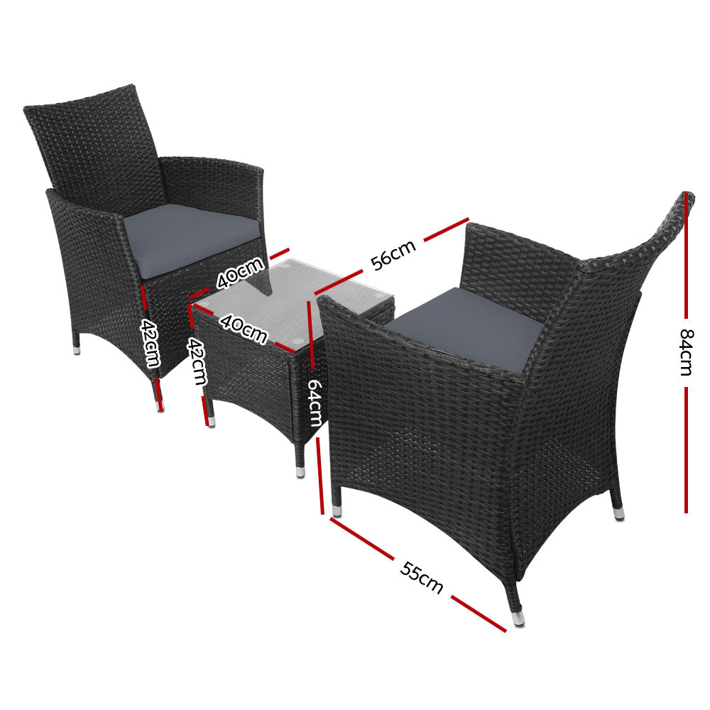 Gardeon 3PC Outdoor Bistro Set Patio Furniture Wicker Setting Chairs Table Cushion Black