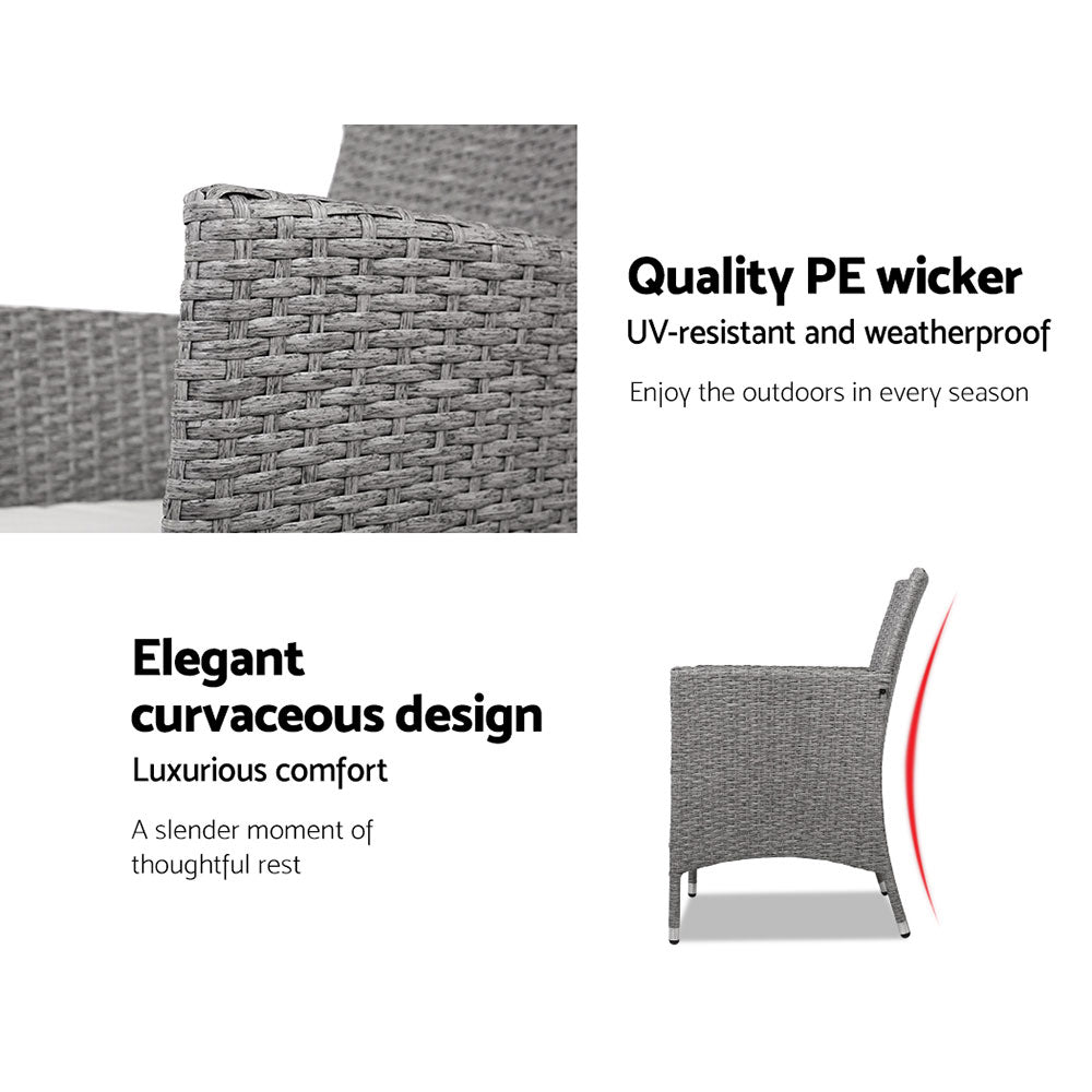 Gardeon 3PC Outdoor Bistro Set Patio Furniture Wicker Setting Chairs Table Cushion Grey