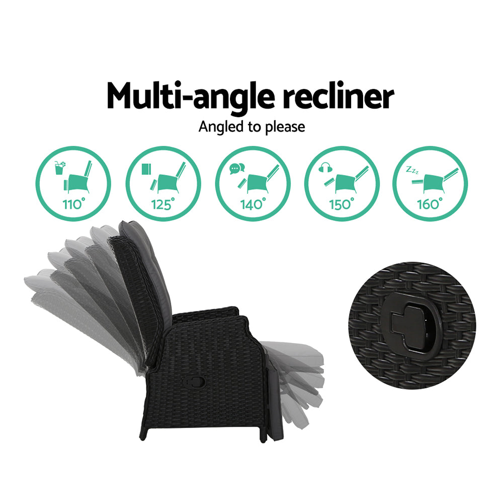 South Yarra Deluxe Set of 2  Sun lounge & Recliner Chairs - Black