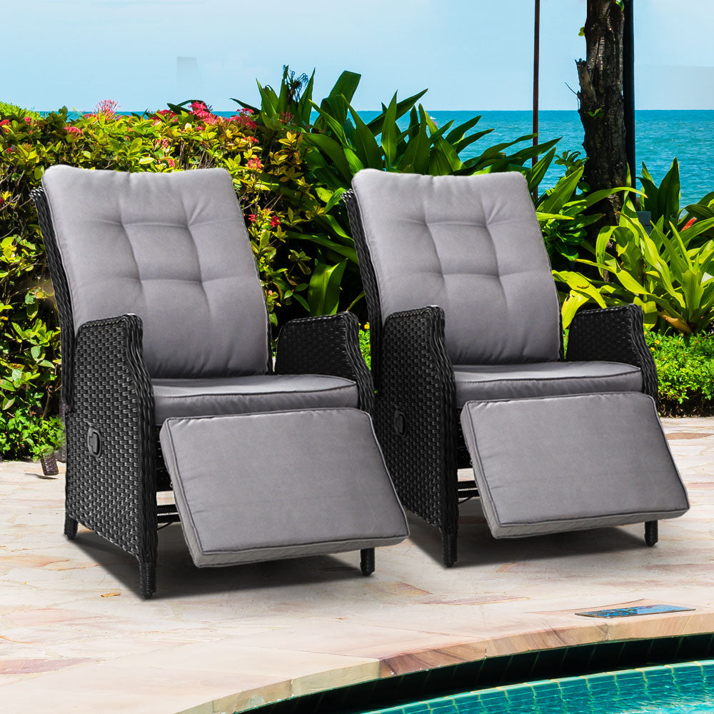 South Yarra Deluxe Set of 2  Sun lounge & Recliner Chairs - Black