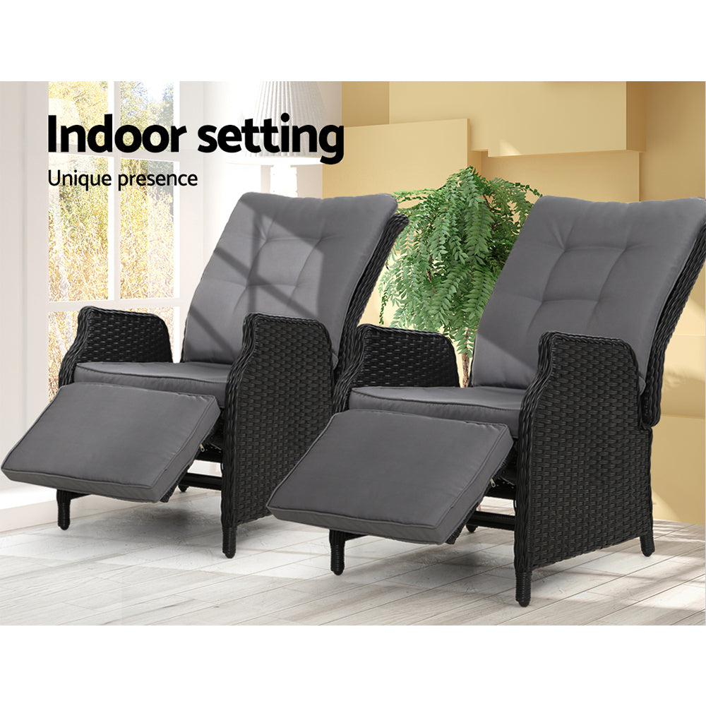 South Yarra Deluxe Set of 2  Sun lounge & Recliner Chairs - Black