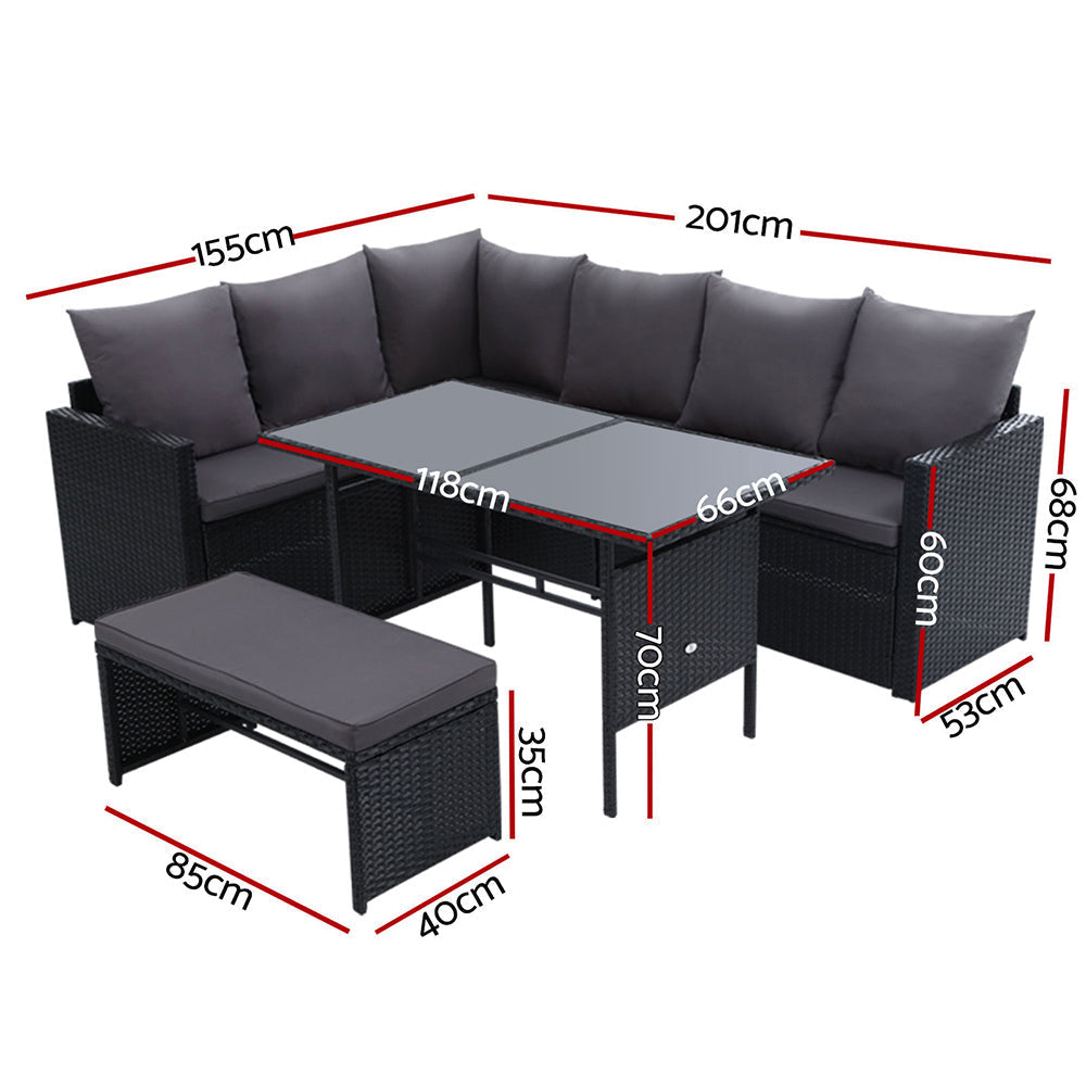 Armadale Deluxe 9 Seater Sofa Dining Set with Bench Seat - Black (Storage Cover)