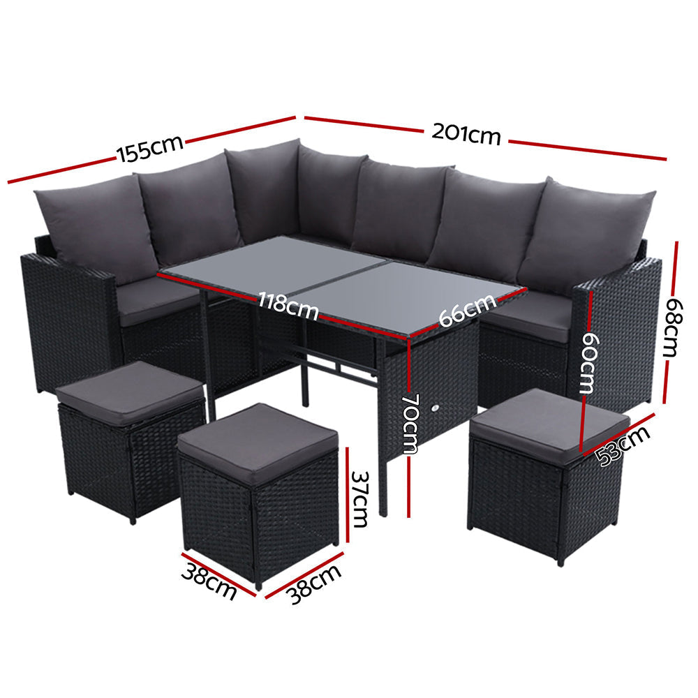 Armadale Deluxe 9 Seater Sofa Dining Set with 3 Ottomans - Black