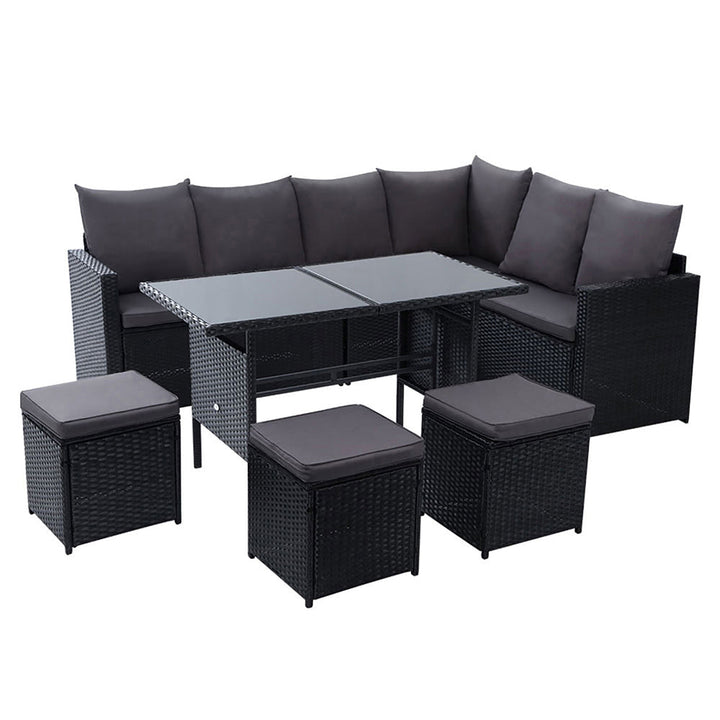 Armadale Deluxe 9 Seater Sofa Dining Set with 3 Ottomans - Black (Storage Cover)