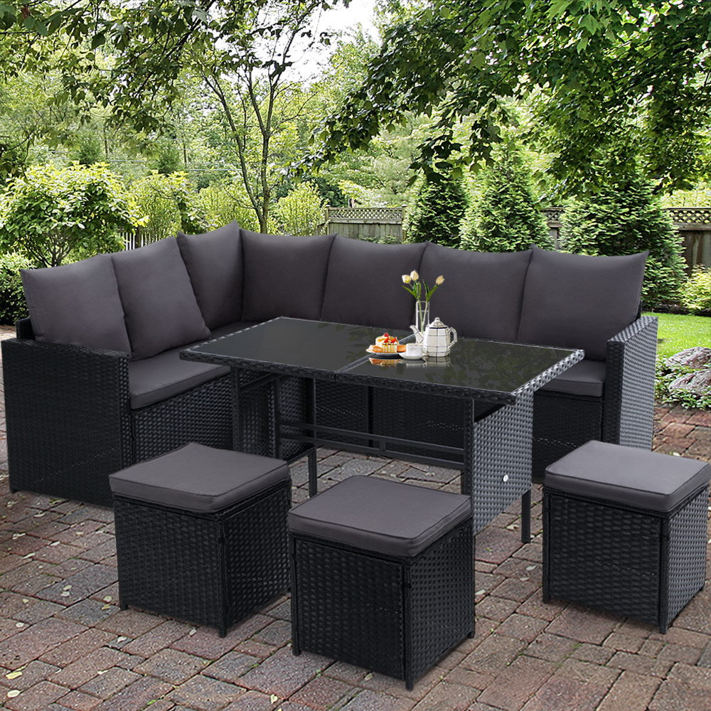 Armadale Deluxe 9 Seater Sofa Dining Set with 3 Ottomans - Black (Storage Cover)