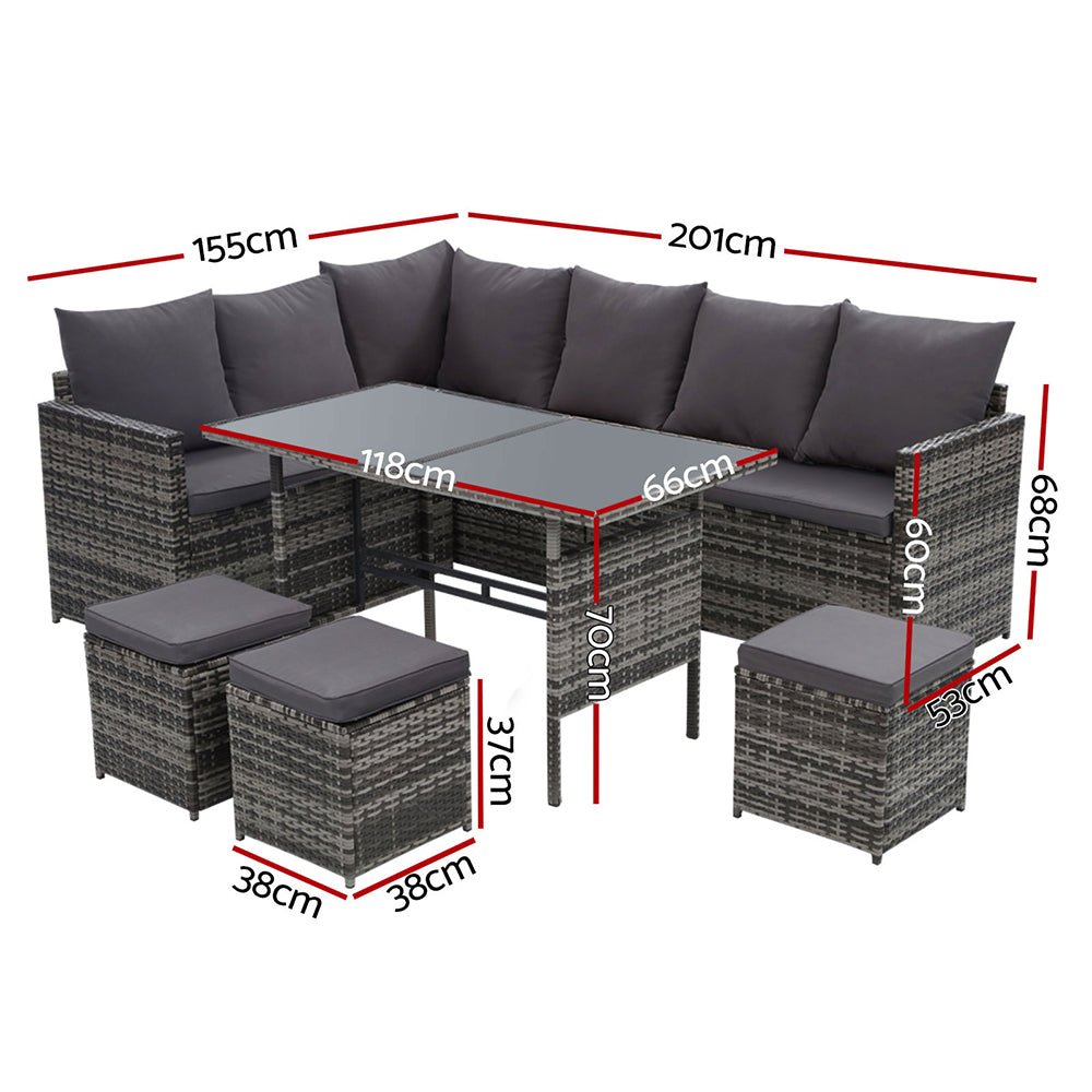 Armadale Deluxe 9 Seater Sofa Dining Set with 3 Ottomans - Grey