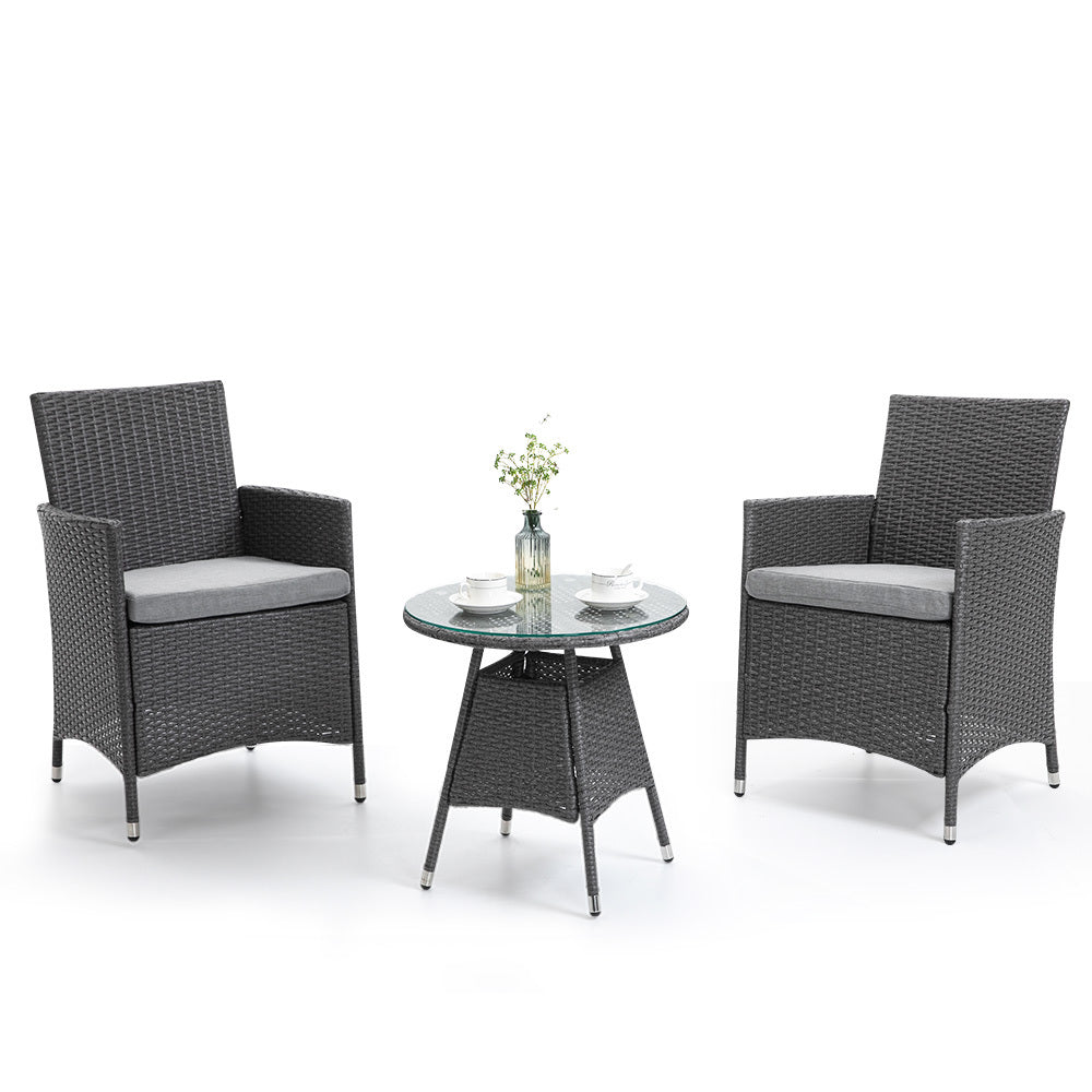 Prahran Rattan 3 Piece Outdoor Furniture Set with Table and Chairs - Grey
