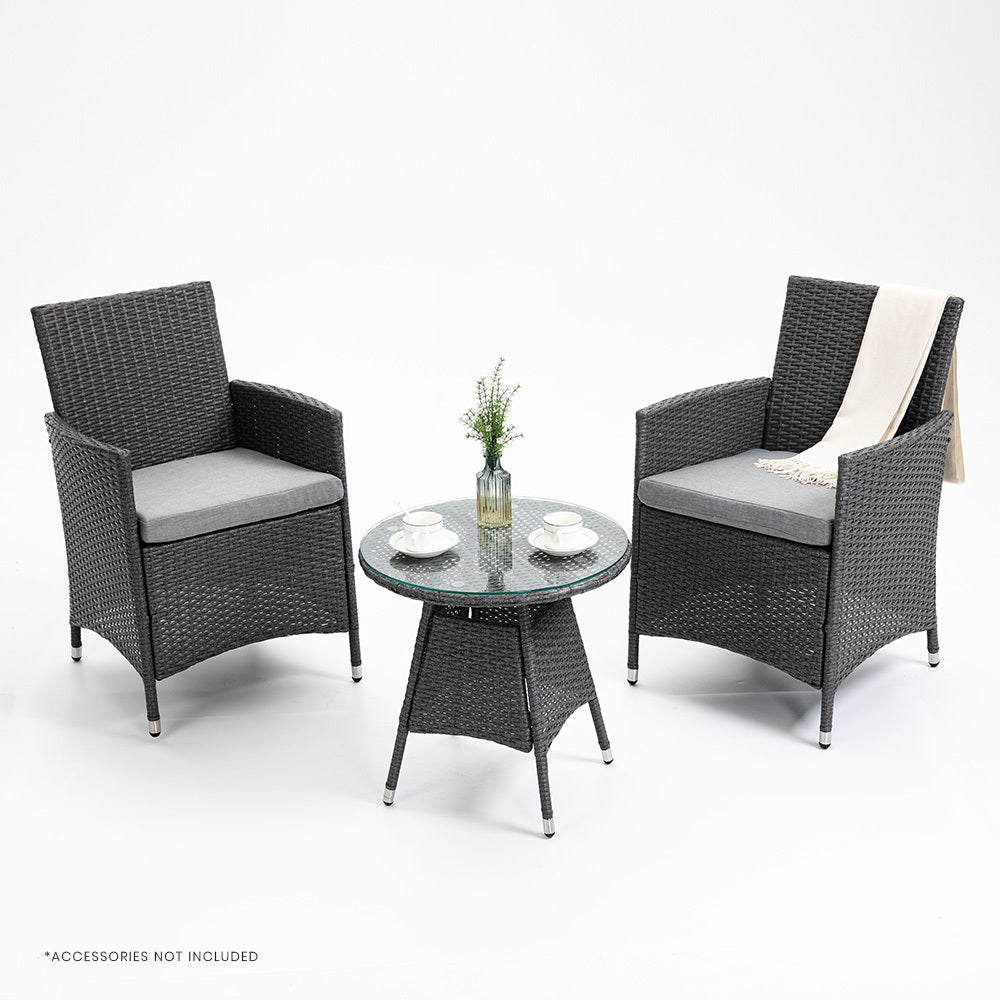 Prahran Rattan 3 Piece Outdoor Furniture Set with Table and Chairs - Grey