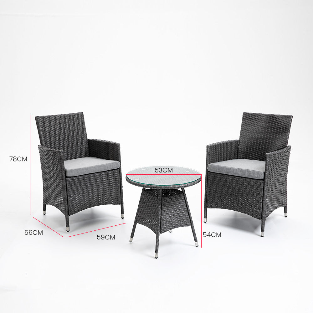 Prahran Rattan 3 Piece Outdoor Furniture Set with Table and Chairs - Grey