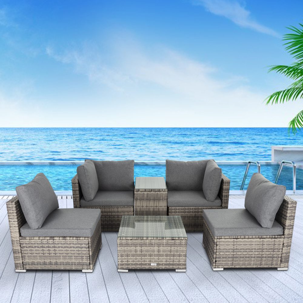 Brighton 6 Piece Lounge Sofa with Wicker End Table Set - Grey