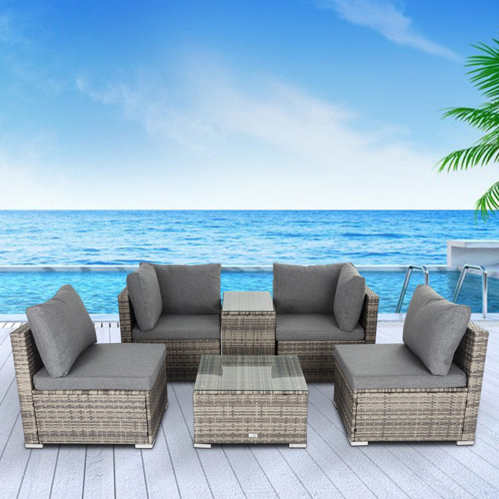 Brighton 6 Piece Lounge Sofa with Wicker End Table Set - Grey